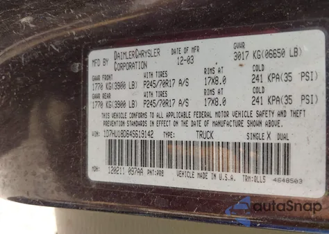 2004 Dodge Ram 1500 Slt/Laramie из США, поврежденный, VIN 1D7HU18D64S619142